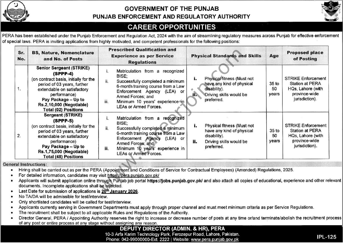 Punjab Enforcement & Regulatory Authority PERA Jobs 06 January 2026 Express Tribune 1