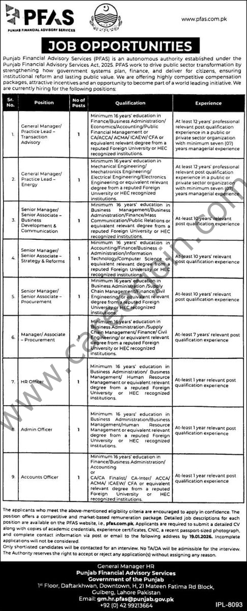 Punjab Financial Advisory Services PFAS Jobs 01 January 2026 Express 1