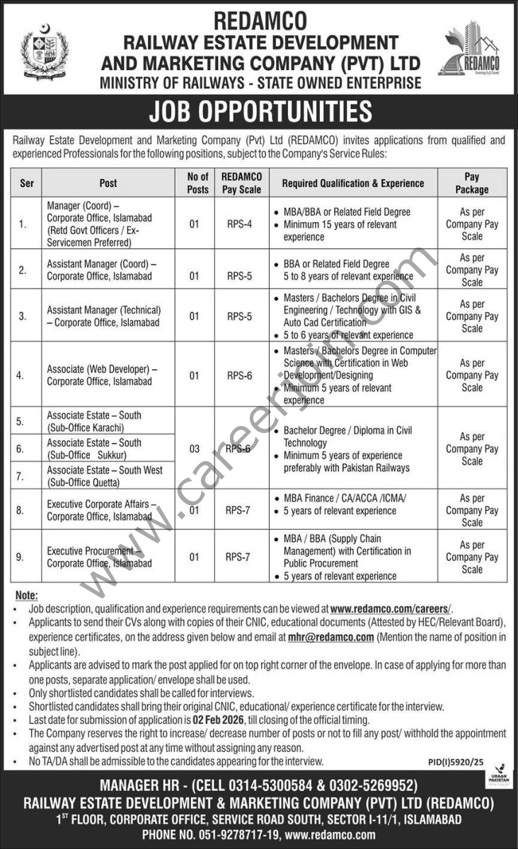 Railway Estate Development & Marketing Co Pvt Ltd REDAMCO Jobs 18 January 2026 Express 1