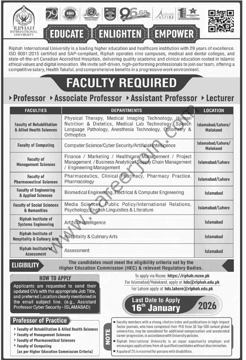 Riphah International University Jobs 04 January 2026 Dawn 1