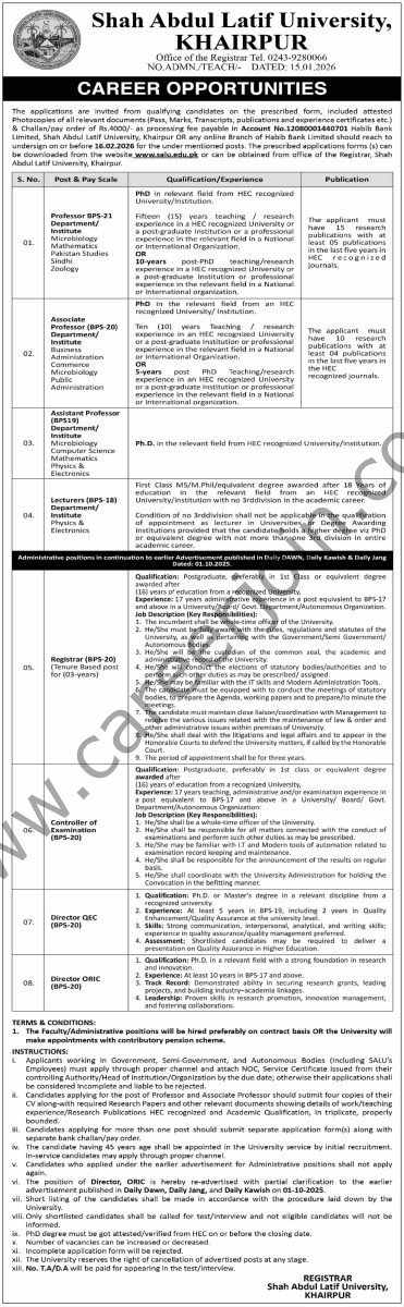 Shah Abdul Latif University Khairpur Jobs 25 January 2026 Dawn 1