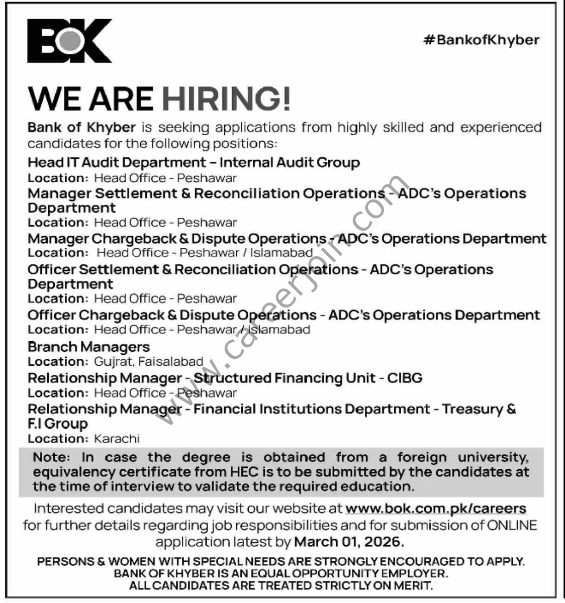 BOK Bank of Khyber Jobs 14 February 2026 Dawn 1