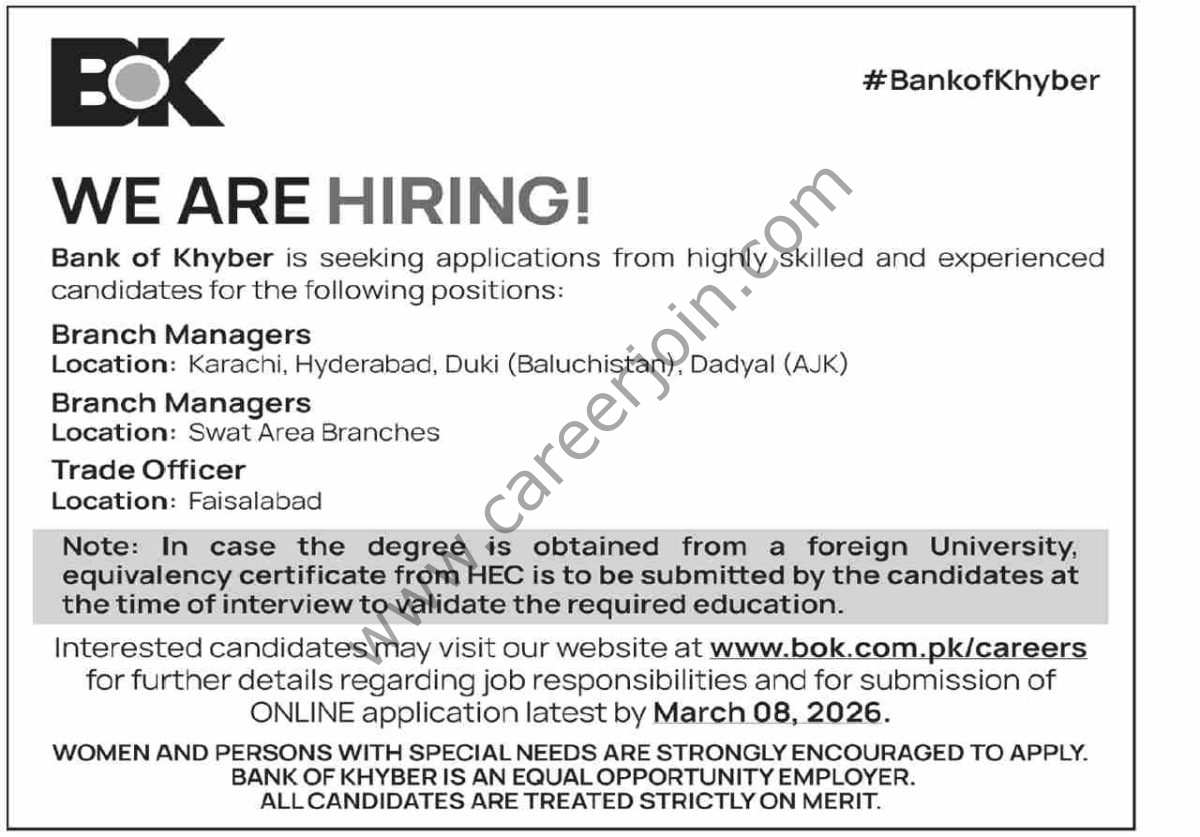 Bank of Khyber BOK Jobs 22 February 2026 Dawn 1