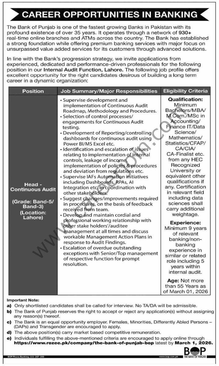 Bank of Punjab BOP Jobs 14 February 2026 Dawn 02 1
