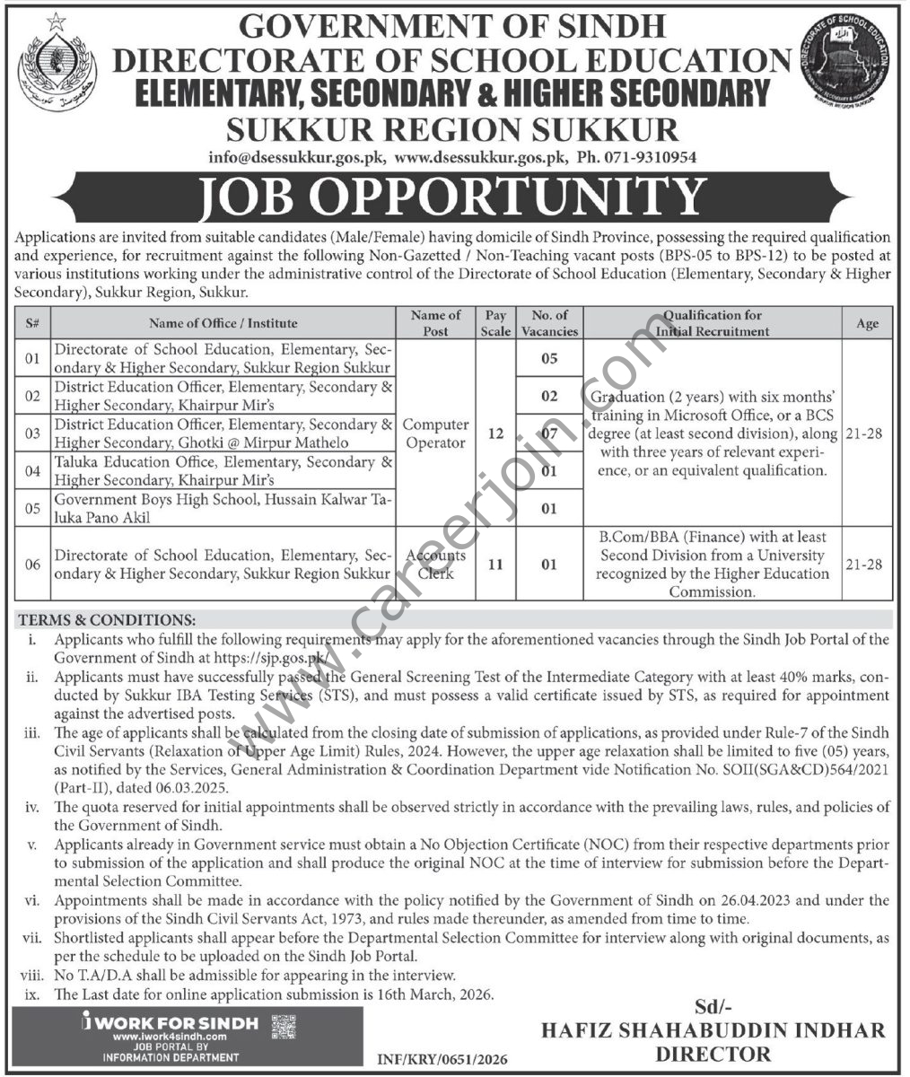 Elementary Secondary & Higher Secondary Sukkur Region Jobs 21 February 2026 Express Tribune 1