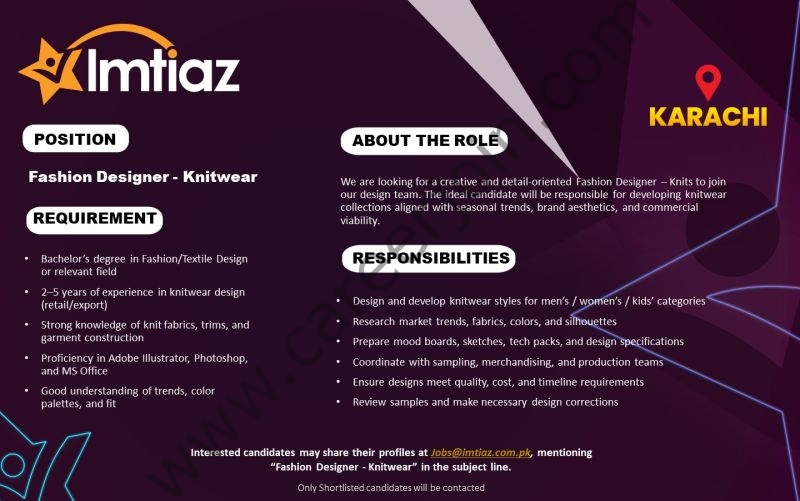 Imtiaz Super Market Jobs Fashion Designer Knitwear 1