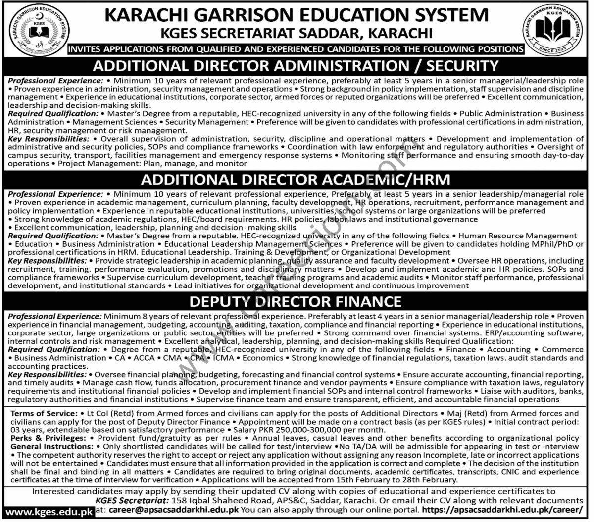 Karachi Garrison Education System KGES Jobs 14 February 2026 Dawn 1