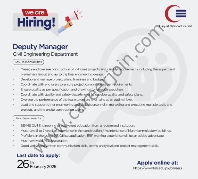 Liaquat National Hospital LNH Jobs Deputy Manager