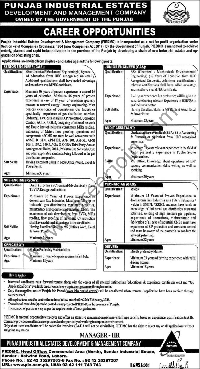 Punjab Industrial Estate Development & Management Co PIEDMC Jobs 13 February 2026 Express 1