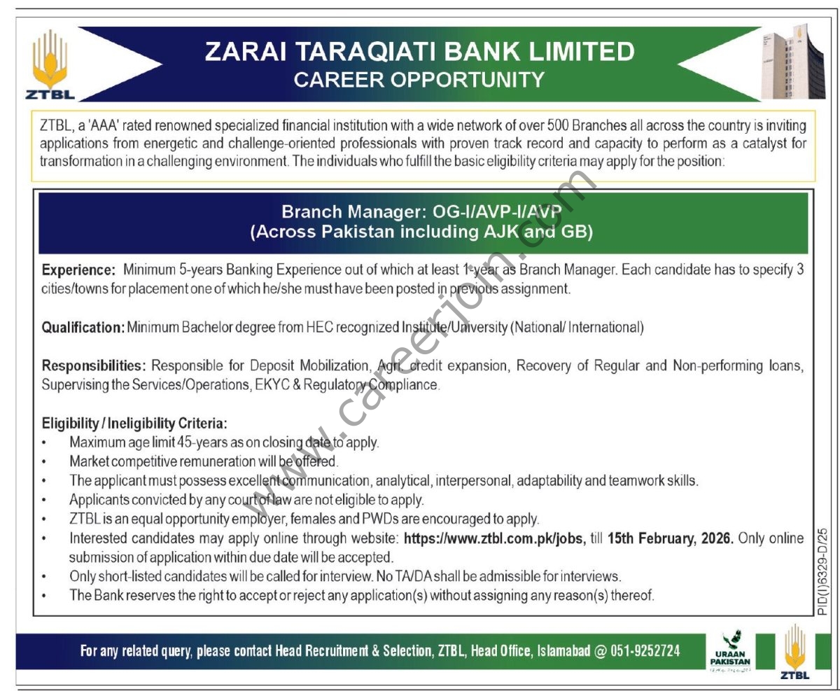 Zarai Taraqiati Bank Ltd ZTBL Jobs 01 February 2026 Express Tribune 1