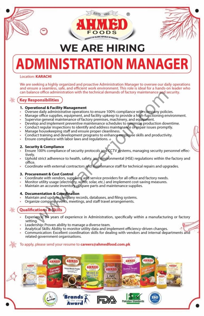 Ahmed Foods Pvt Ltd Jobs Administration Manager 1