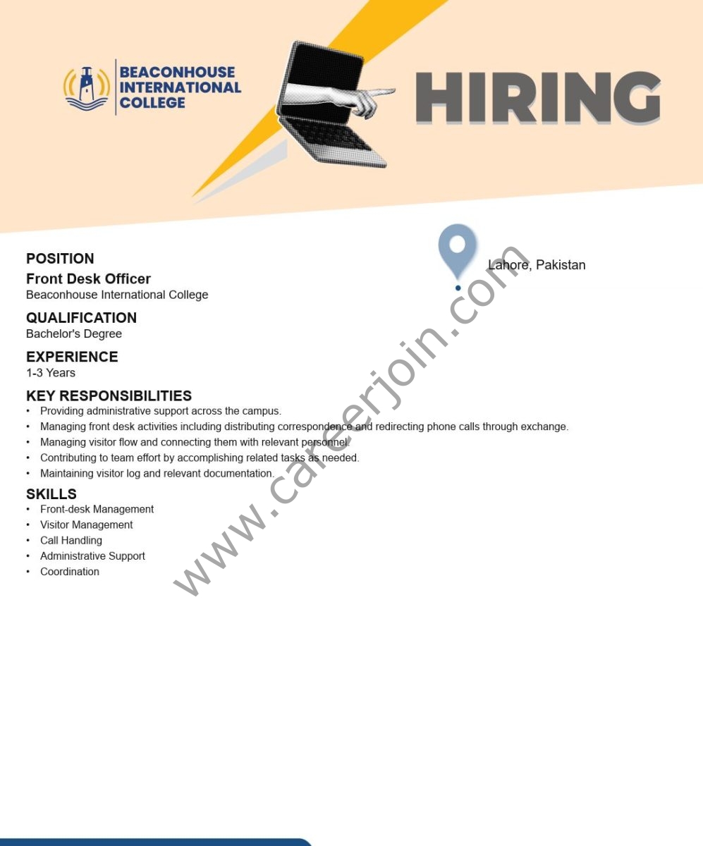 Beaconhouse International College BIC Jobs Front Desk Officer 1