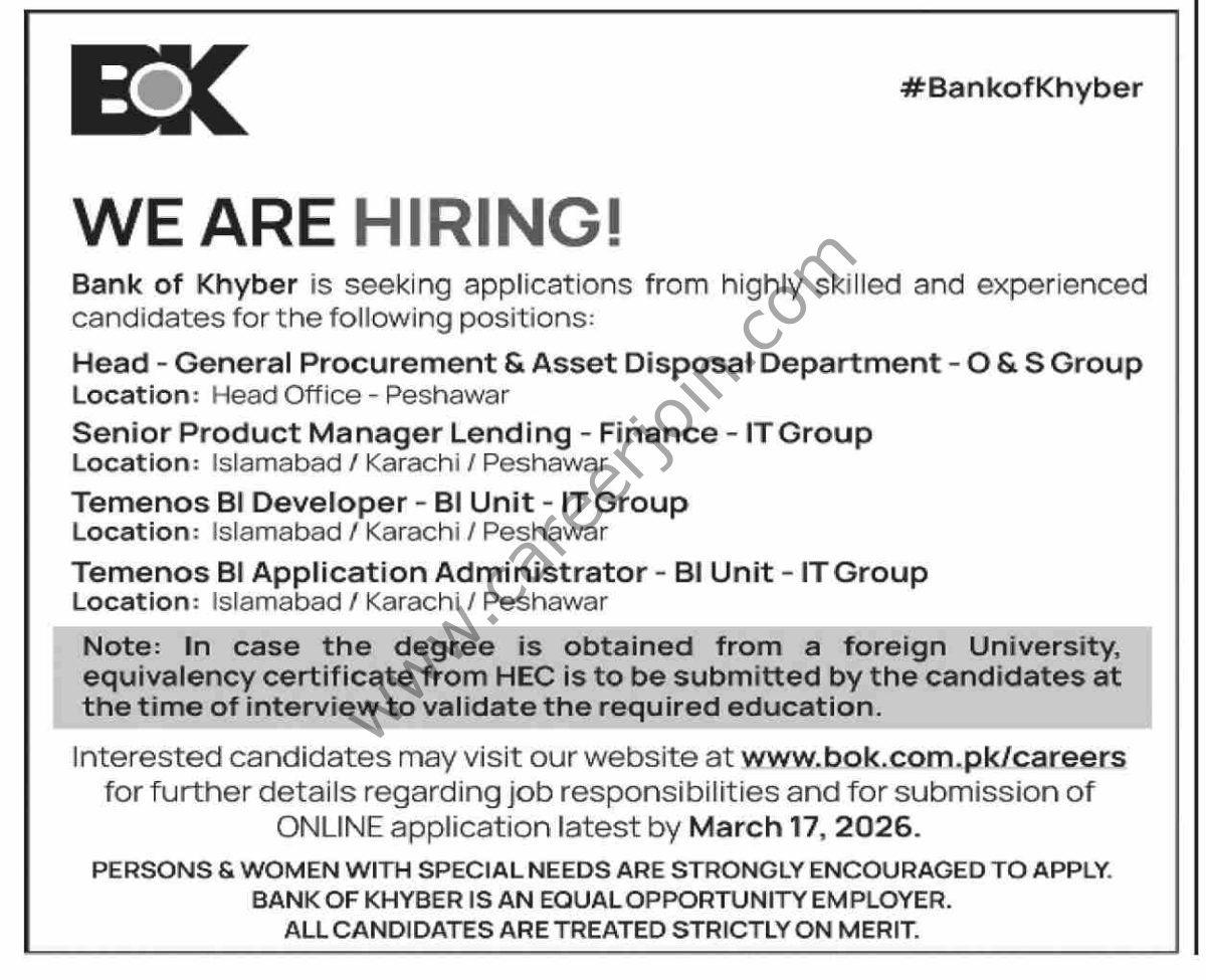 BOK Bank of Khyber Jobs 11 March 2026 Dawn 1