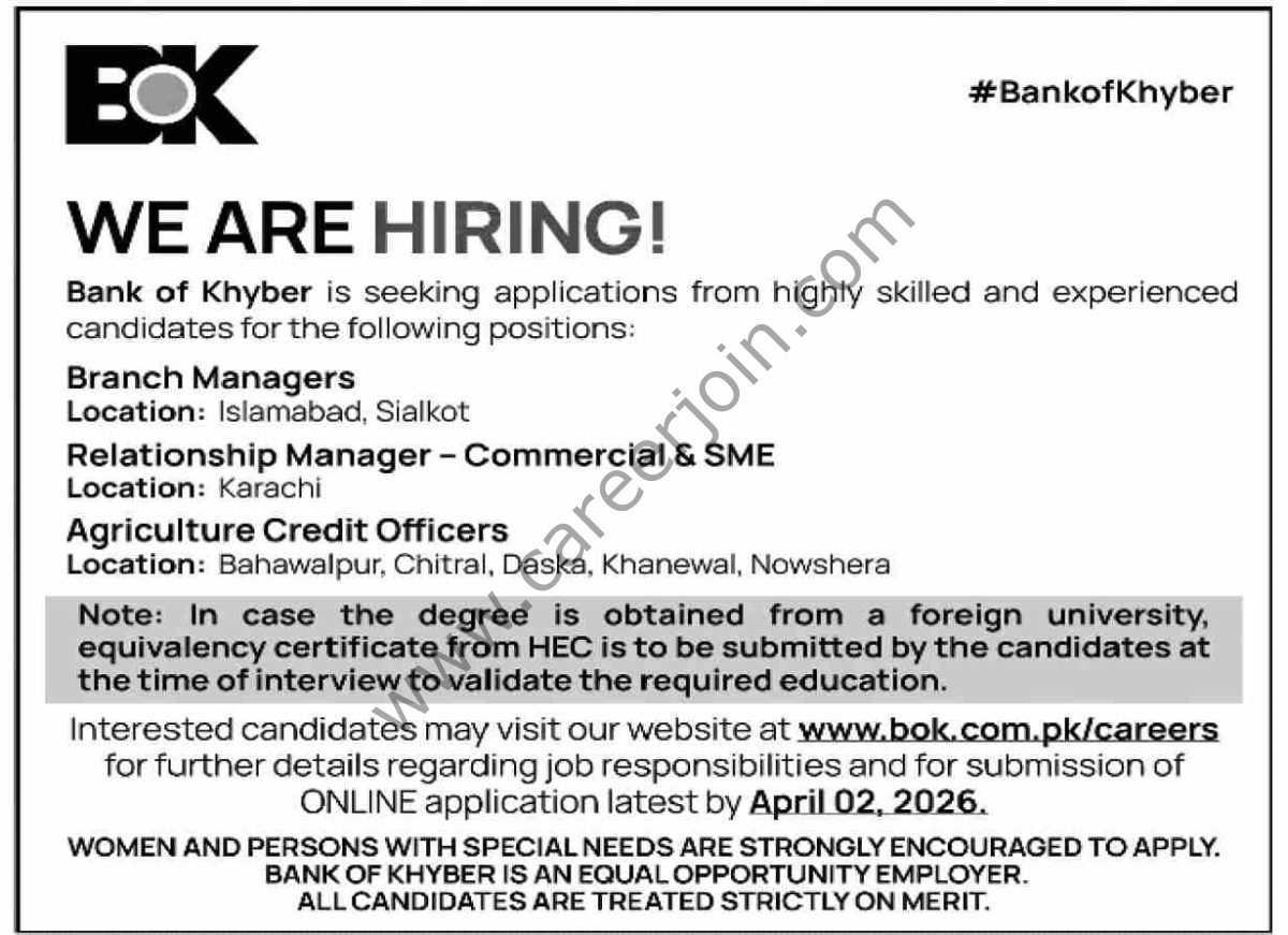 BOK Bank of Khyber Jobs 19 March 2026 Dawn 1