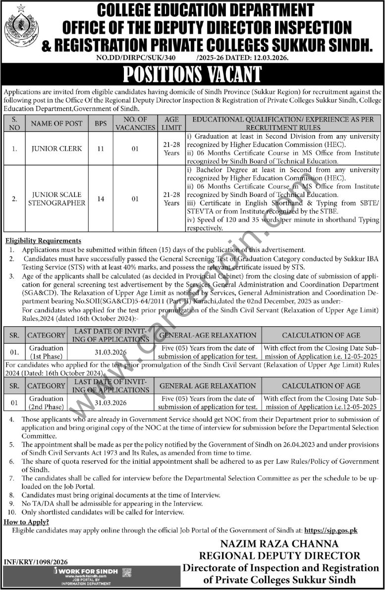 College Education Department Sindh Jobs 17 March 2026 Express Tribune 1