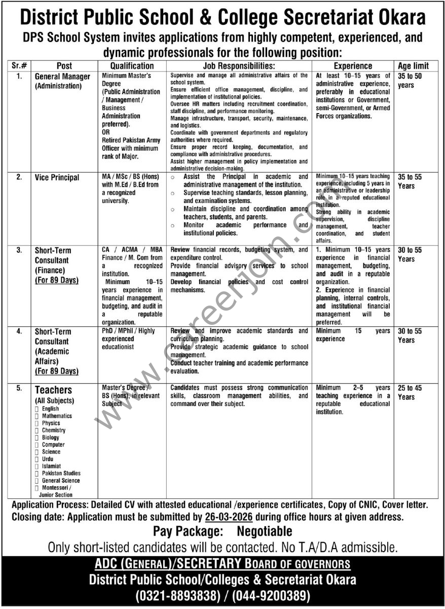 District Public School & College Okara Jobs 08 March 2026 Express Tribune 1