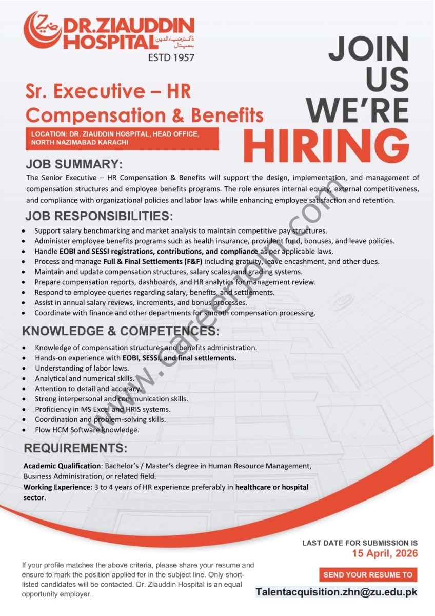 Dr Ziauddin Hospital Jobs Sr Executive HR Compensation & Benefits 1