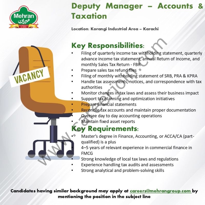 Mehran Account Mehran Group Jobs Deputy Manager Accounts & Taxation