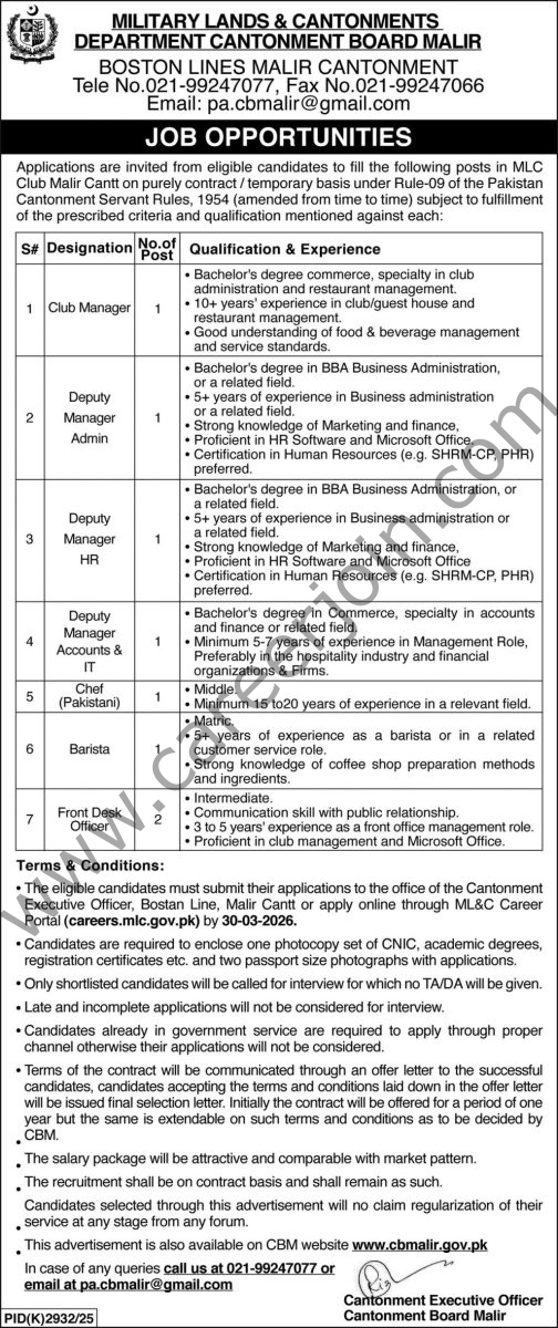 Military Lands & Cantonments Department Malir Jobs 07 March 2026 Express 1