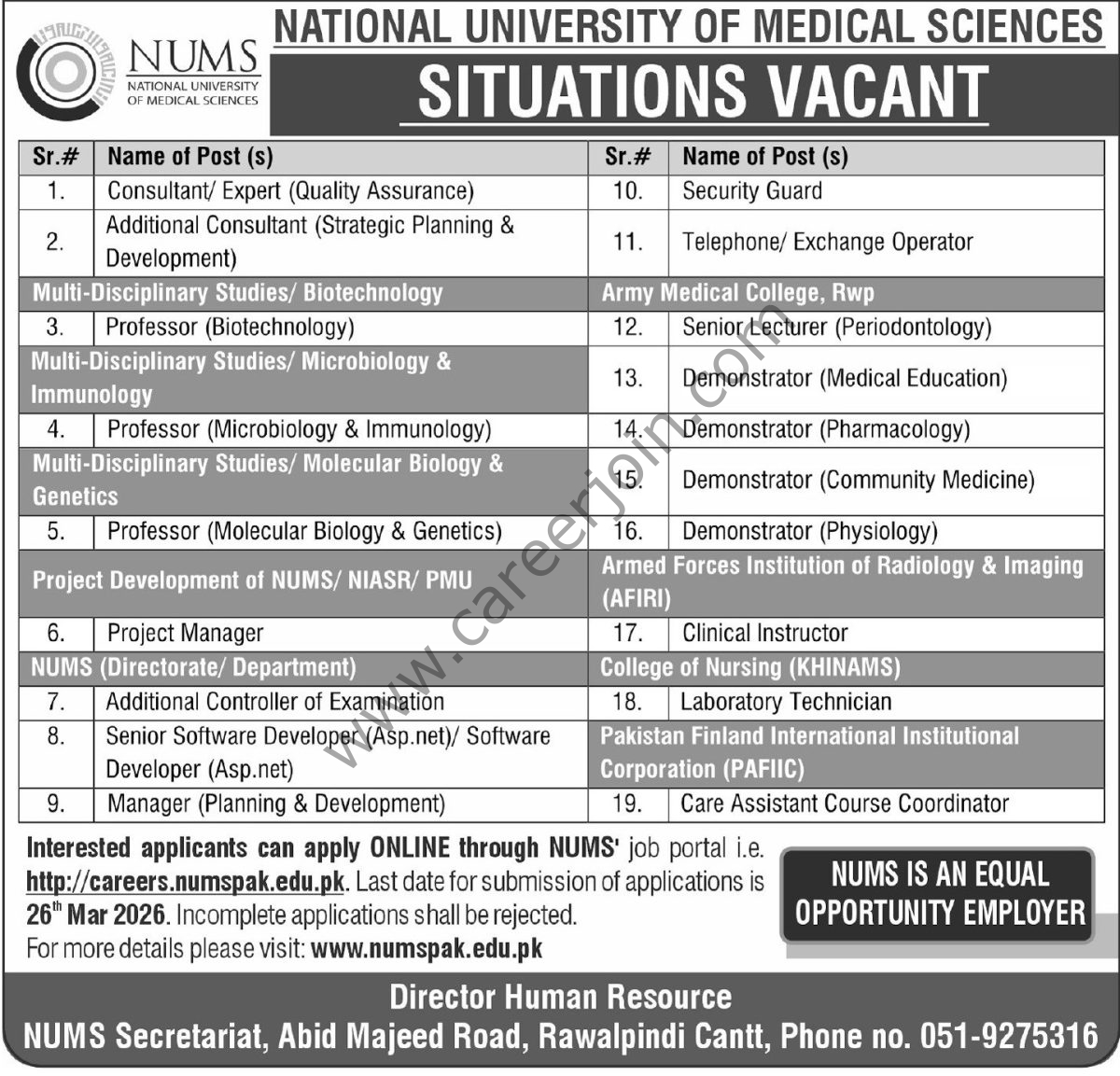 National University of Medical Sciences NUMS Jobs 08 March 2026 Express Tribune 1