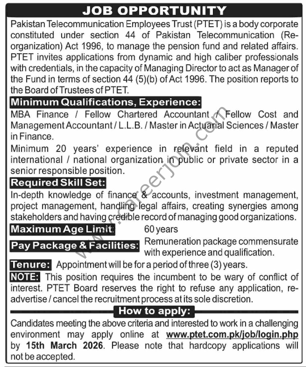 Pakistan Telecommunication Employees Trust PTET Jobs 01 March 2026 Dawn 1