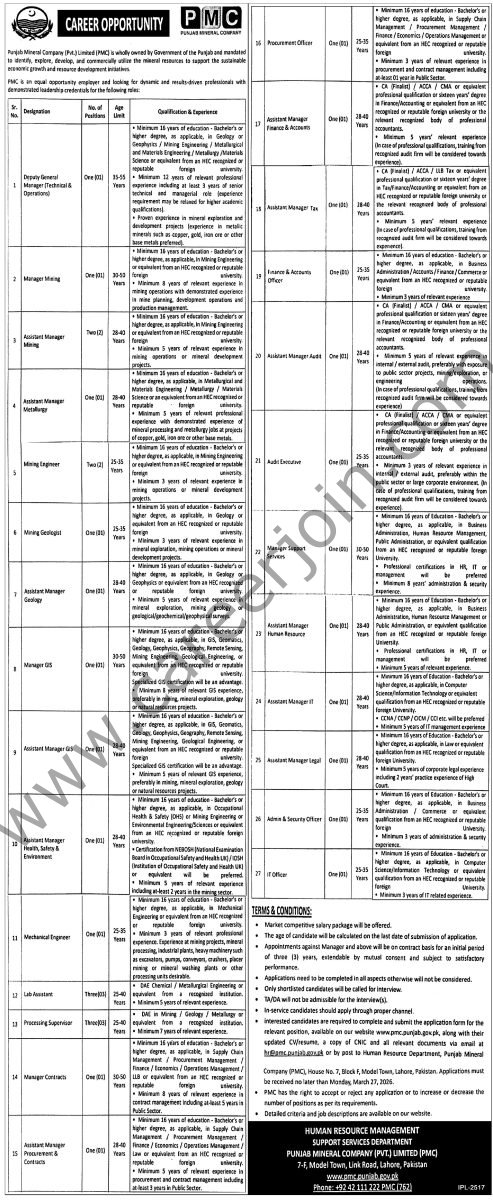 Punjab Mineral Co Pvt Ltd PMC Jobs 11 March 2026 Express Tribune 1