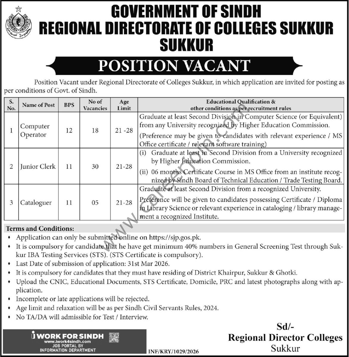 Regional Directorate of College Sukkur Jobs 11 March 2026 Express Tribune 1
