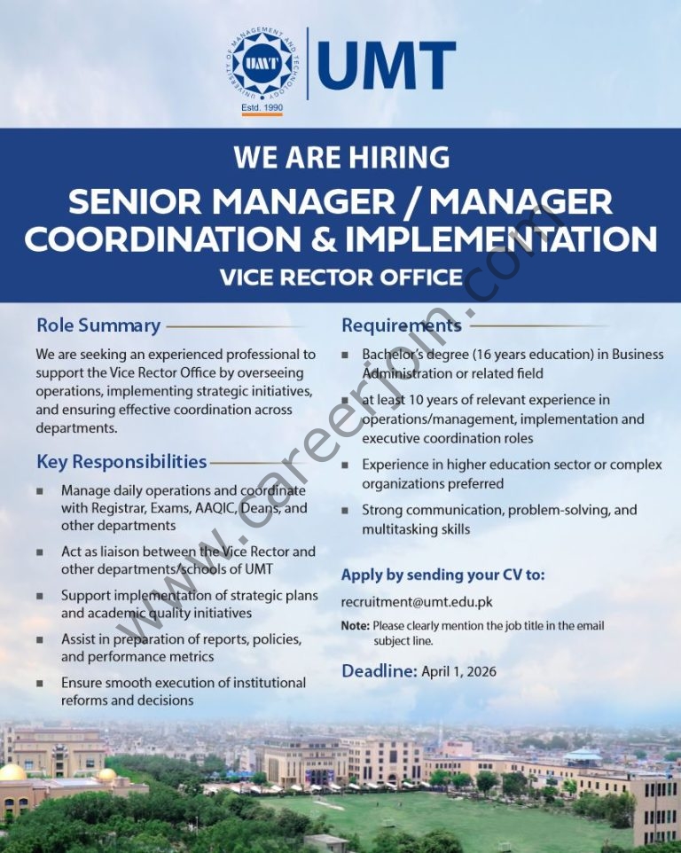 University of Management Technology UMT Jobs Senior Manager / Manager ...
