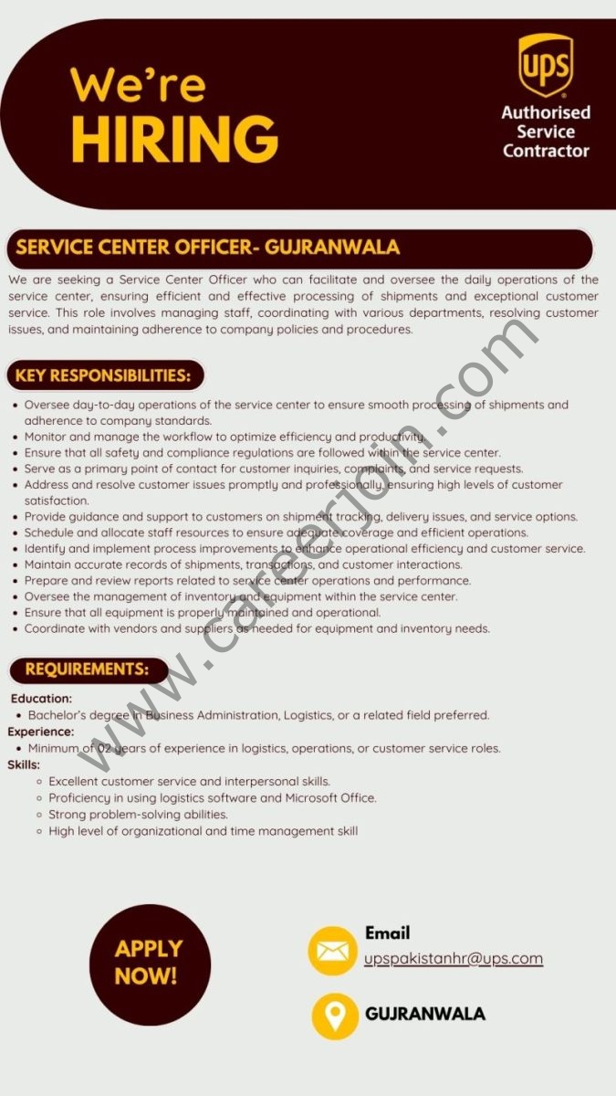 UPS Pakistan Jobs Service Center Officer 1