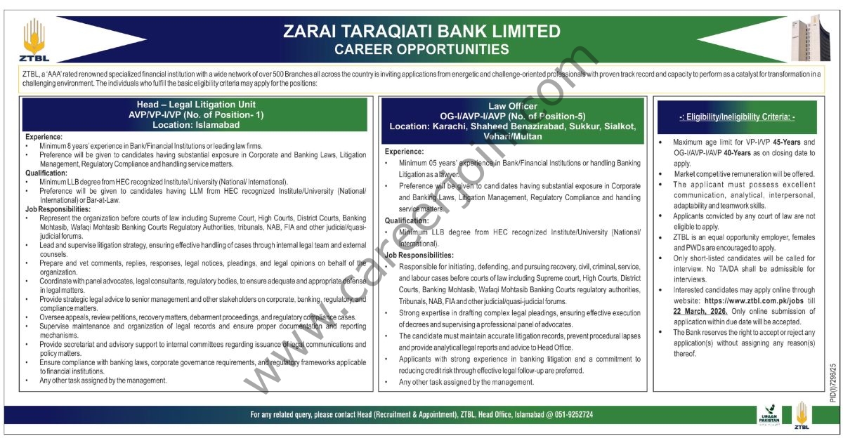Zarai Taraqiati Bank Ltd ZTBL Jobs 08 March 2026 Express Tribune 1