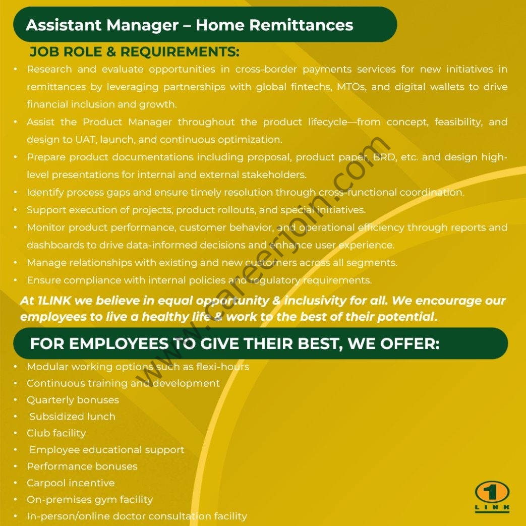 1Link Pvt Ltd Jobs Assistant Manager Home Remittances 2