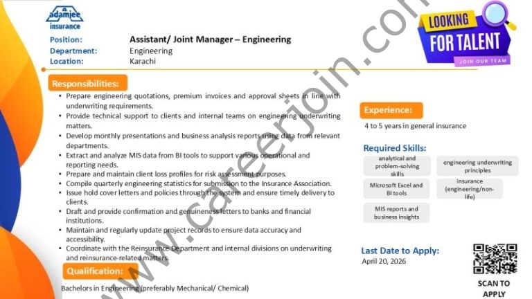 Adamjee Insurance Company Jobs Assistant/ Joint Manager Engineering