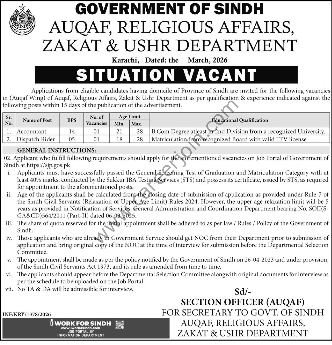 Auqaf Religious Affairs Zakat & Ushr Department Sindh Jobs 08 April 2026 Express Tribune 1