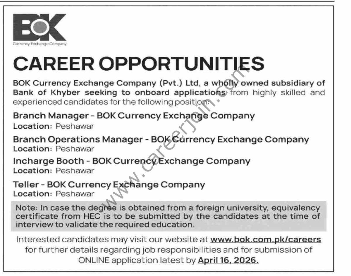 BOK Currency Exchange Co Pvt Ltd Jobs 10 April 2026 Dawn 1