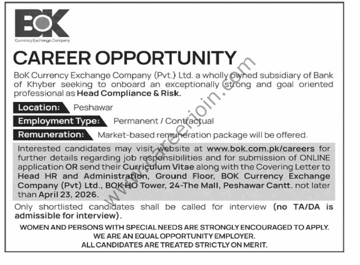 BOK Currency Exchange Co Pvt Ltd Jobs 17 April 2026 Dawn 1