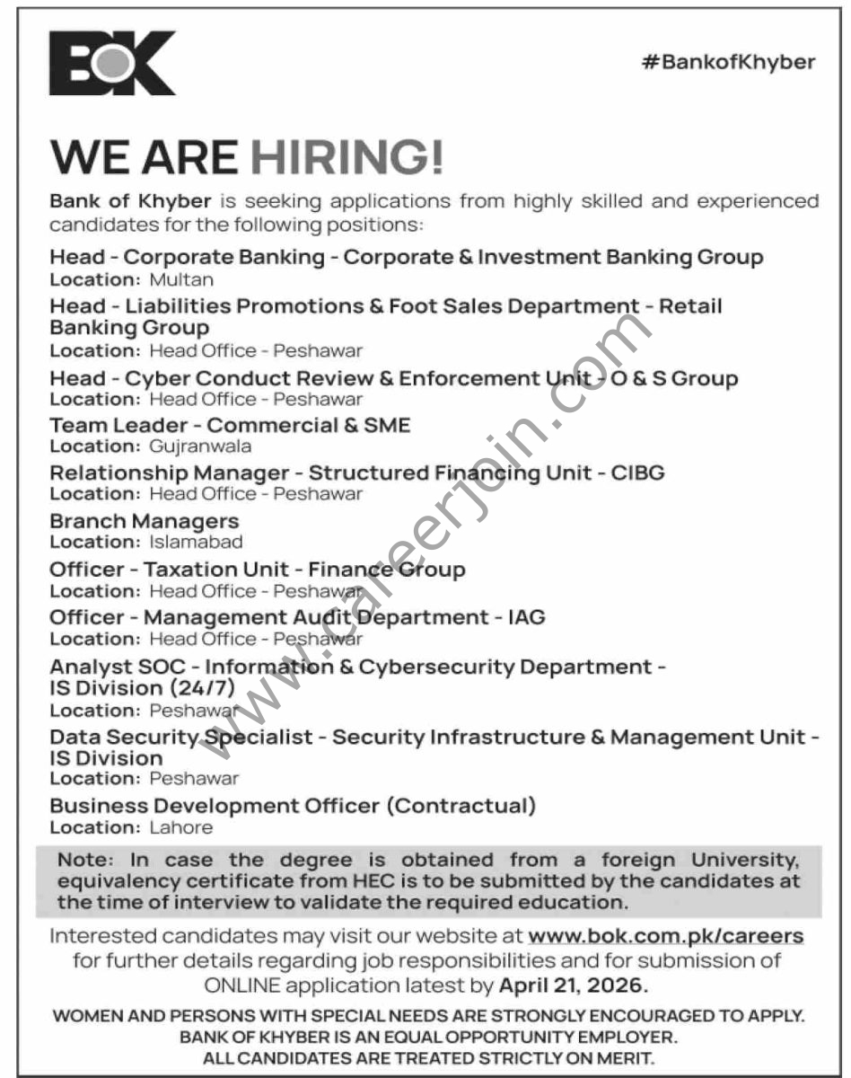 Bank of Khyber BOK Jobs 12 April 2026 Dawn 1