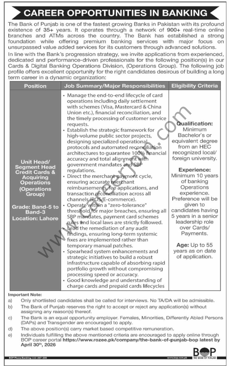 Bank of Punjab BOP Jobs 16 April 2026 Dawn 13
