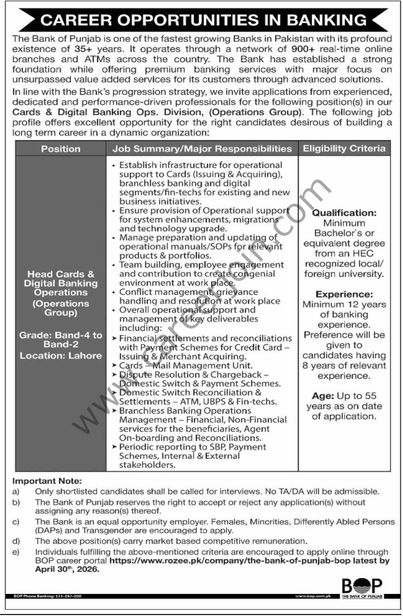 Bank of Punjab BOP Jobs 16 April 2026 Dawn 12