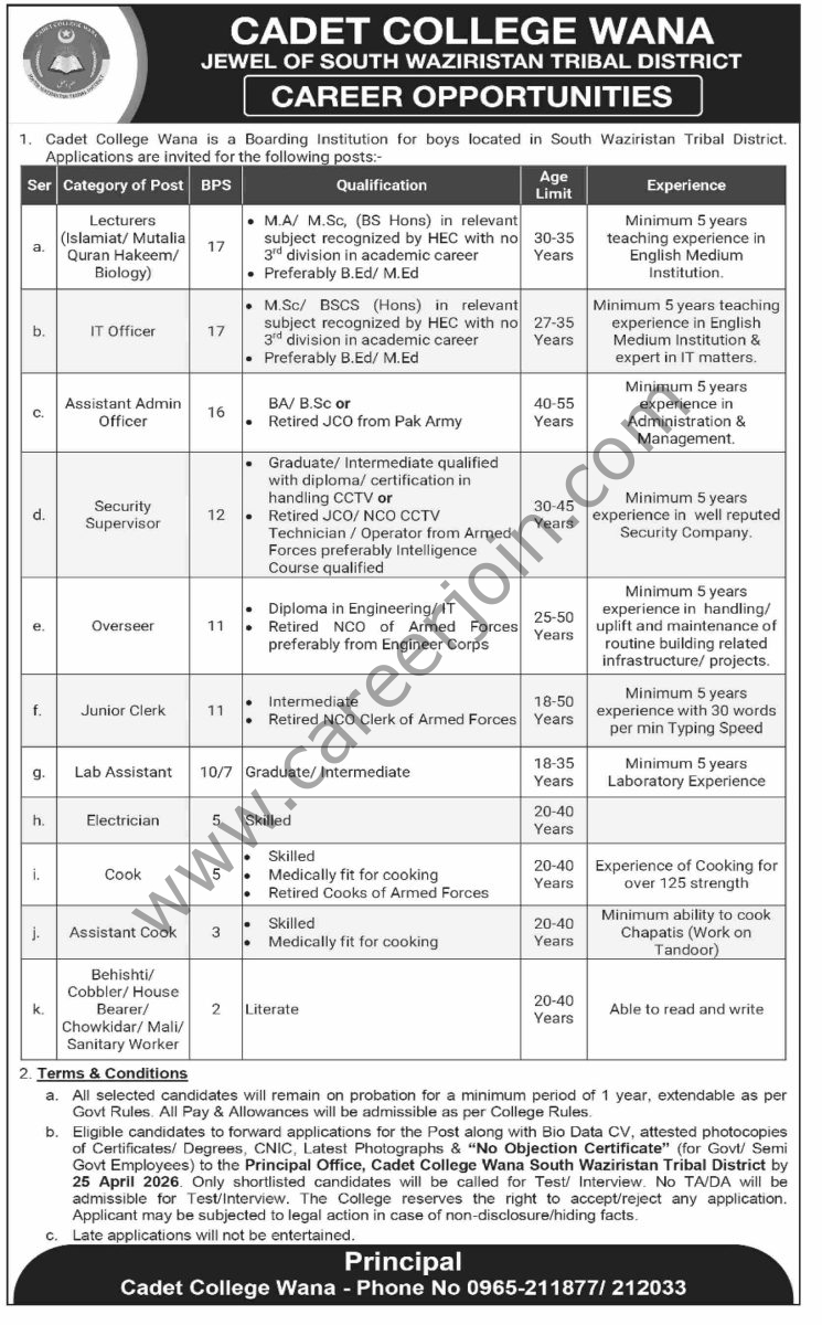 Cadet College Wana Jobs 31 March 2026 Dawn 1