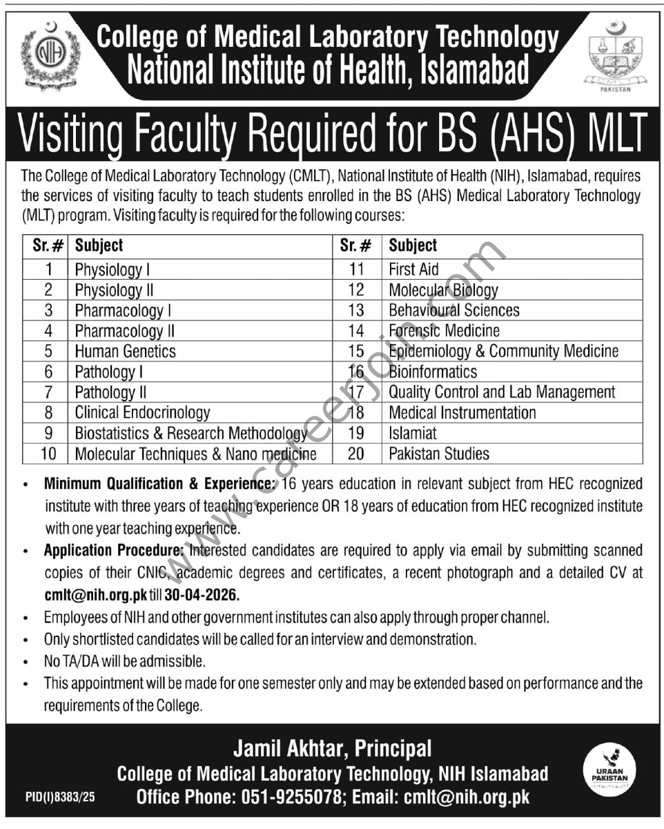 College of Medical Laboratory Technology Islamabad Jobs 17 April 2026 Express Tribune 1