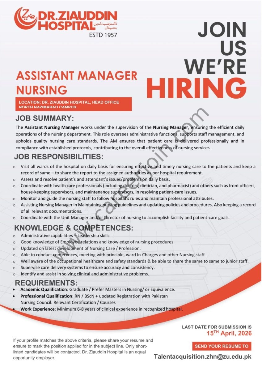 Dr Ziauddin Hospital Jobs Assistant Manager Nursing 1