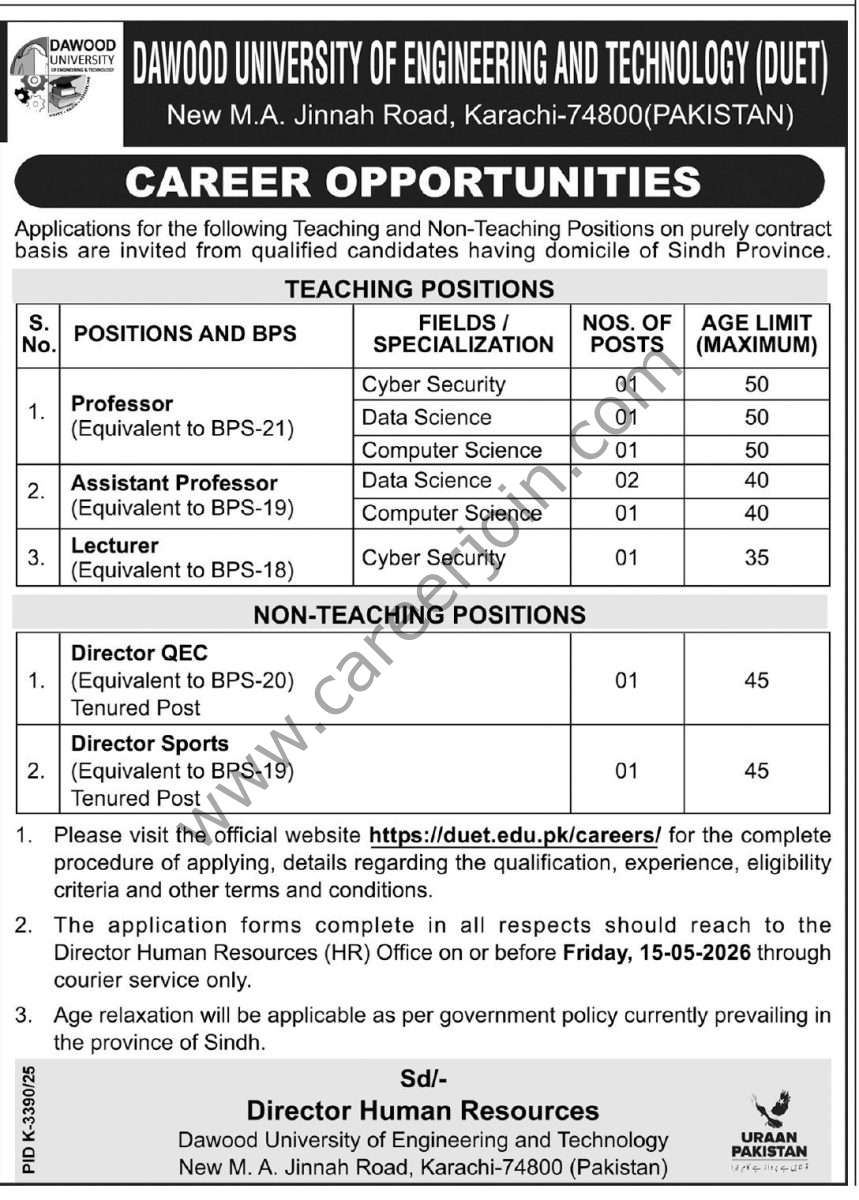 Dawood University Of Engineering & Technology DUET Jobs 25 April 2026 Express Tribune 1