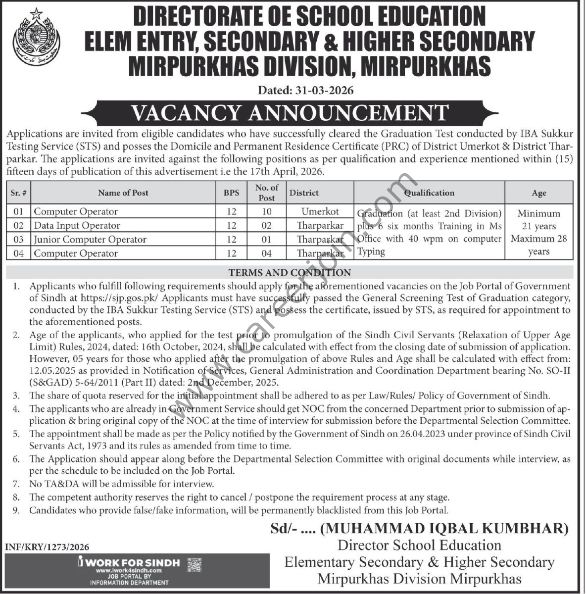 Elementry Secondary & Higher Secondary Education Department Sindh Mirpurkhas Jobs 01 April 2026 Express Tribune 1