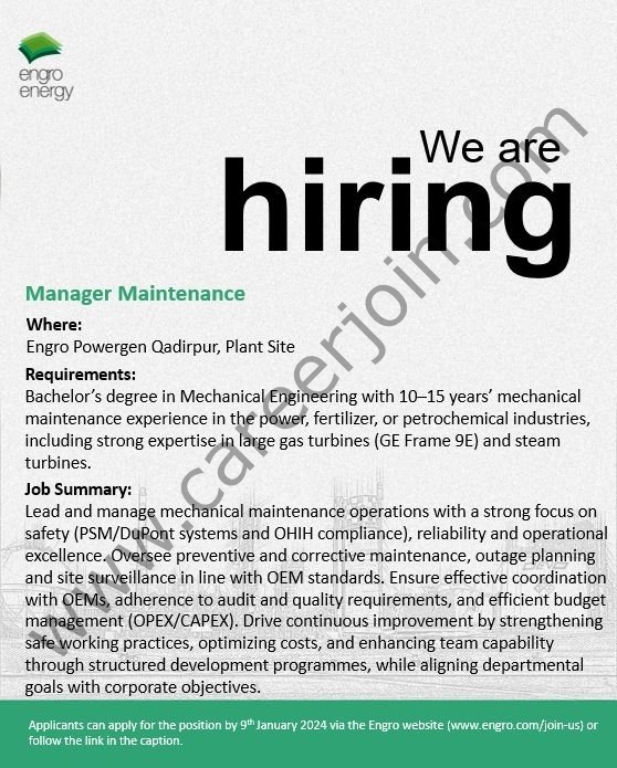 Engro Energy Limited Jobs Manager Maintenance 1