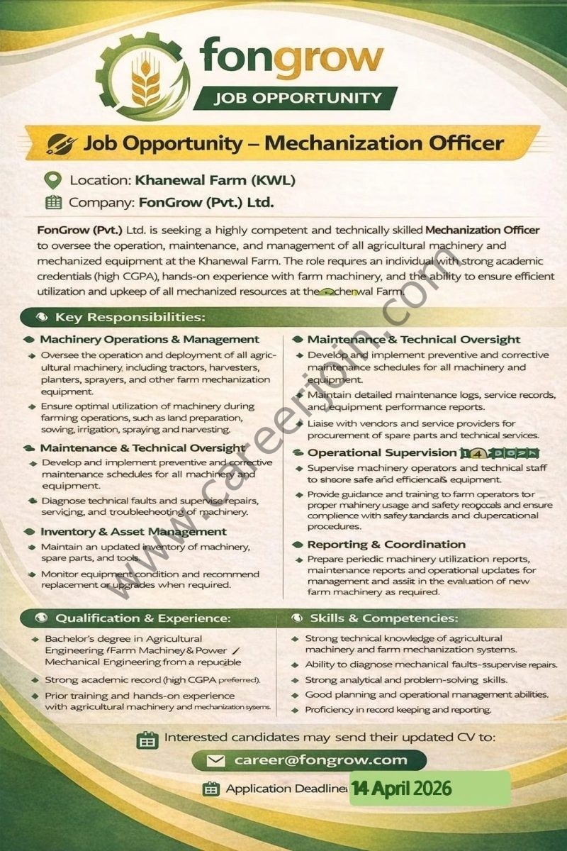 FonGrow Pvt Ltd Jobs Mechanization Officer 1