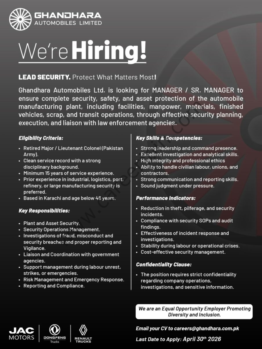 Ghandhara Automobiles Limited Jobs Manager / Sr Manager Security 1