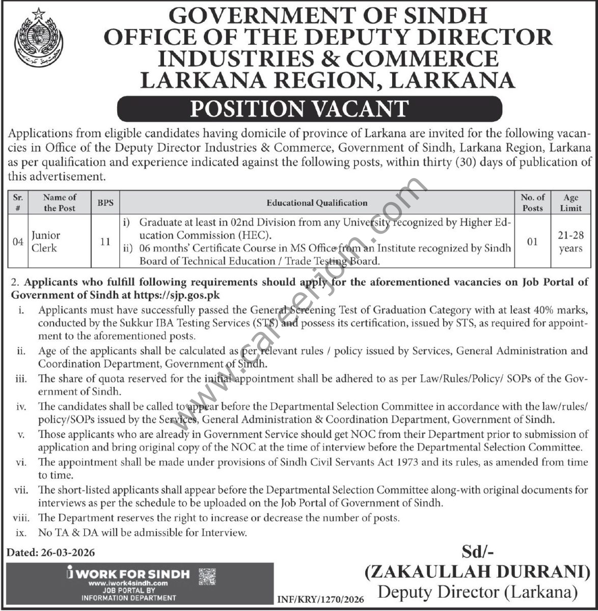 Industires & Commerce Department Sindh Larkana Jobs 01 April 2026 Express Tribune 1