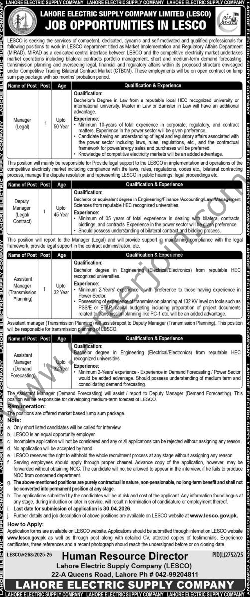 Lahore Electric Supply Co Ltd LESCO Jobs 12 April 2026 Express 1