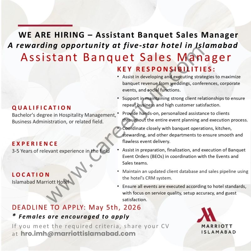 Islamabad Marriott Hotel Jobs Assistant Banquet Sales Manager 1