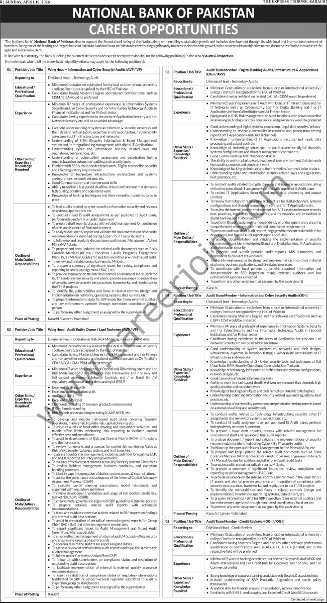 National Bank of Pakistan NBP Jobs 19 April 2026 Express Tribune 1